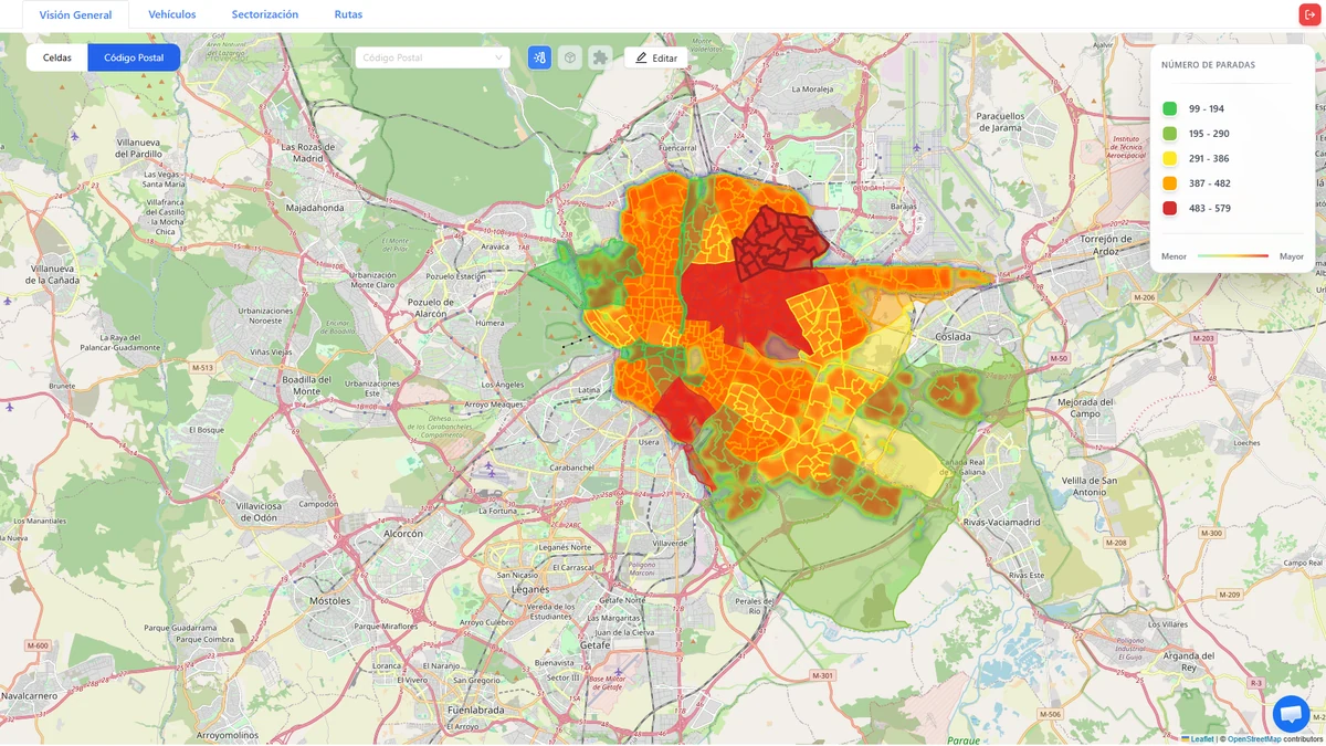 Mapa de calor de paradas por zona antes de sectorizar