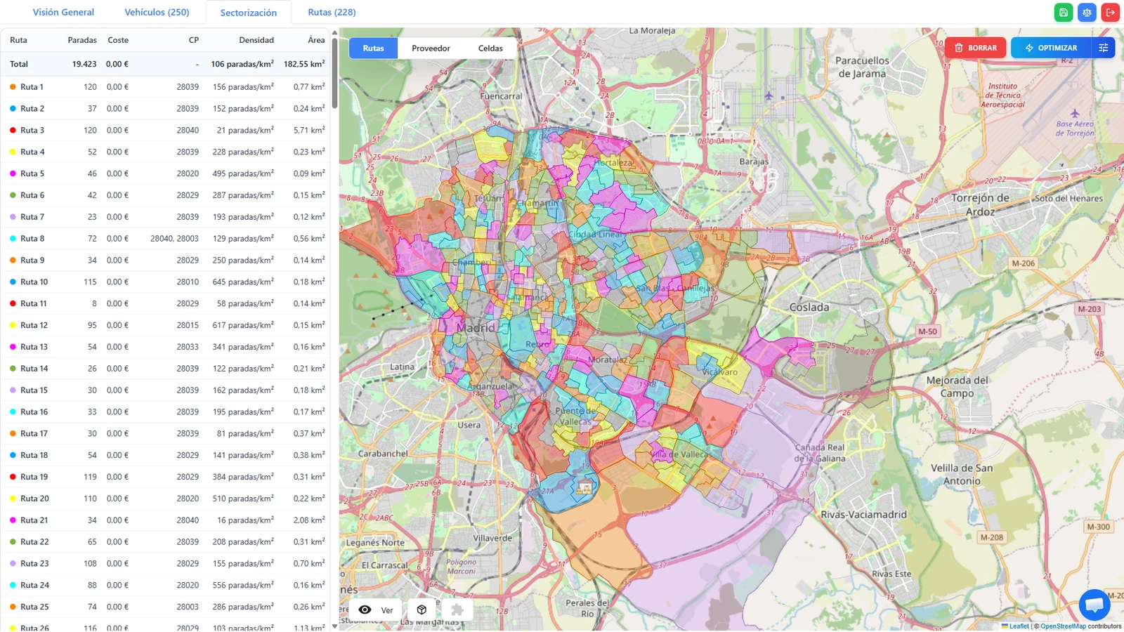 Sectorización propuesta con Smart Zone, con las zonas coloreadas por ruta
